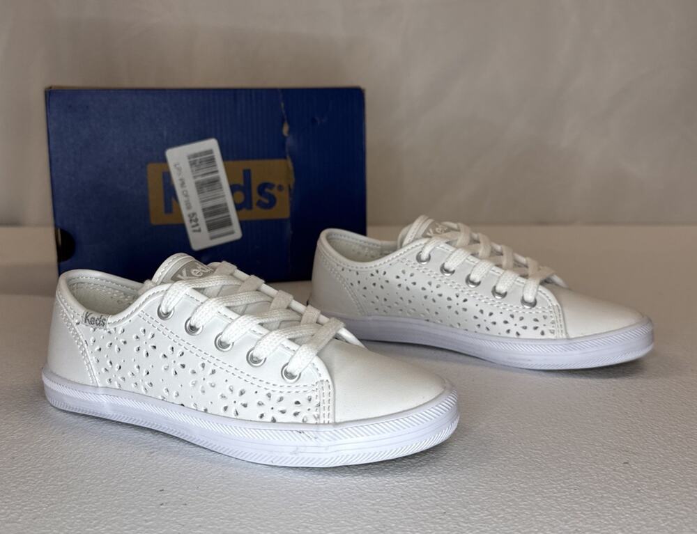 Keds Kids Kickstart White Leather Perforated Floral Eyelet Sneakers Girls Size